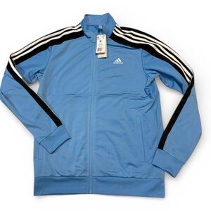Adidas Men's Light Blue Track Jacket with Black Stripes